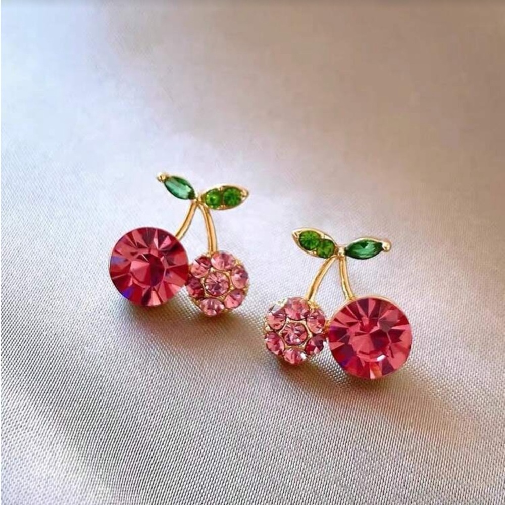 Elegant Pink and Green Crystal Cherry Earrings